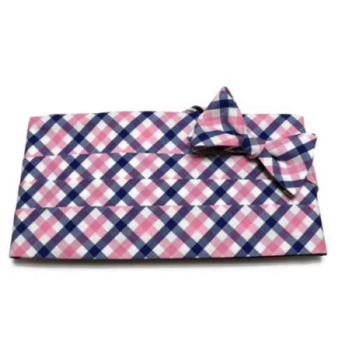 Pink and Blue Tattersall Plaid Cummerbund and Tie